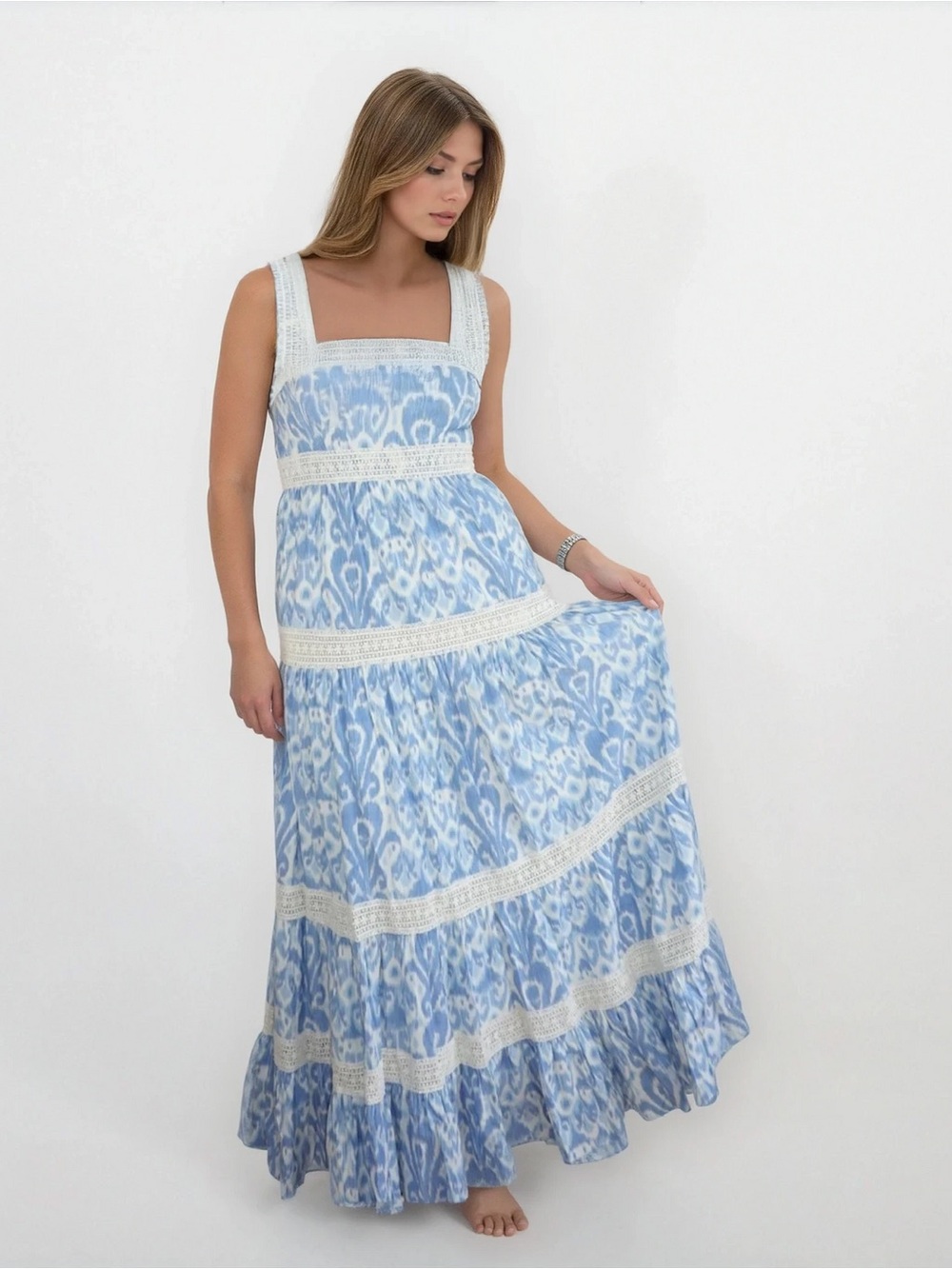 NIBI Halo Maxi Dress Faded Blue Ikat NWT Medium Resort $319